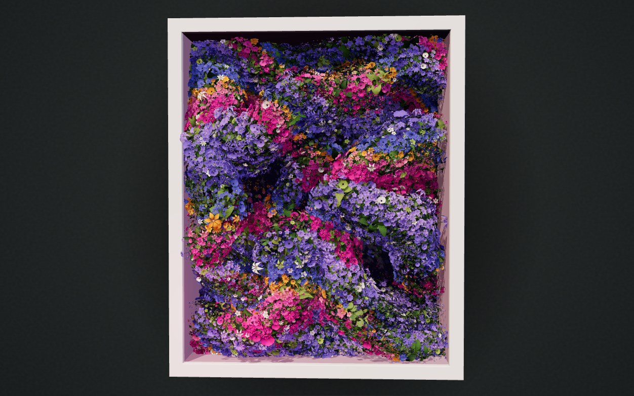 Pink, violet, and orange flowers flow around dark hollows inside a deep white frame.