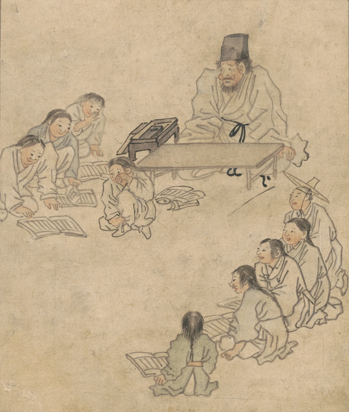 Kim Hong-do’s Seodang, with a teacher and nine pupils gathered around their books