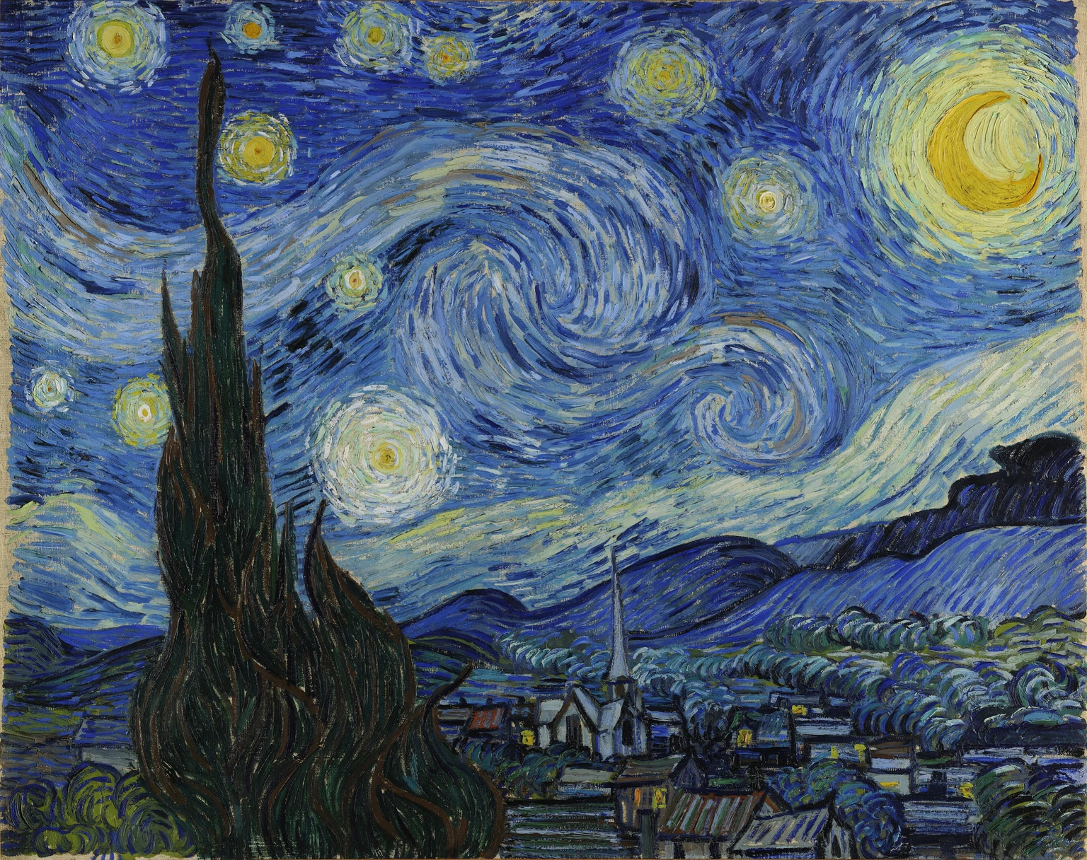 Van Gogh’s blue and gold Starry Night, with a cypress and village beneath a swirling sky