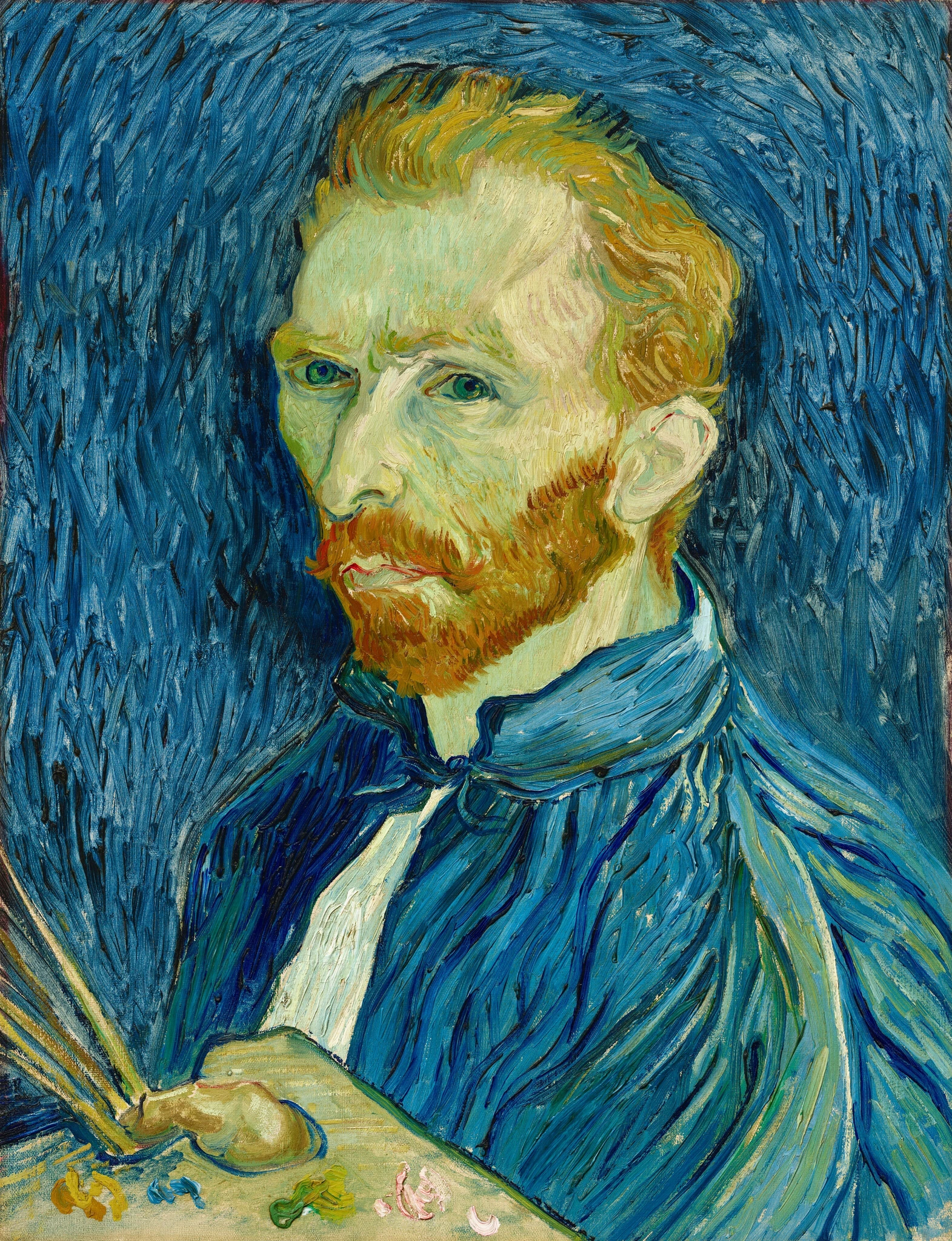 Van Gogh’s 1889 self-portrait: red beard, blue smock, and a steady gaze against a blue painted background
