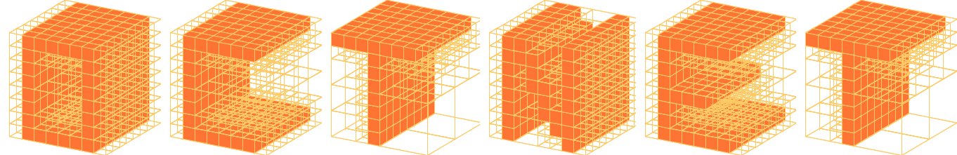 Six OctNet examples showing adaptive voxel resolution around occupied 3D structure