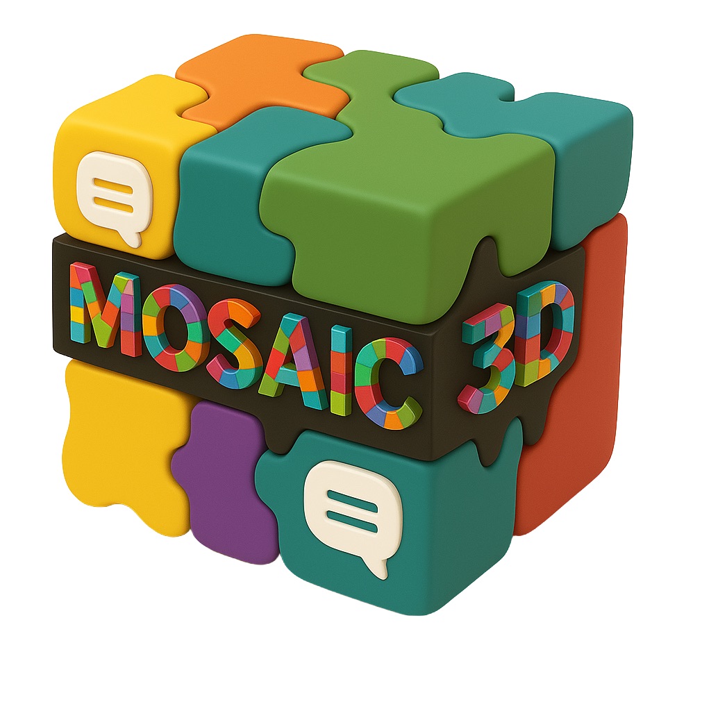 Mosaic3D multicolored mask-and-text mark
