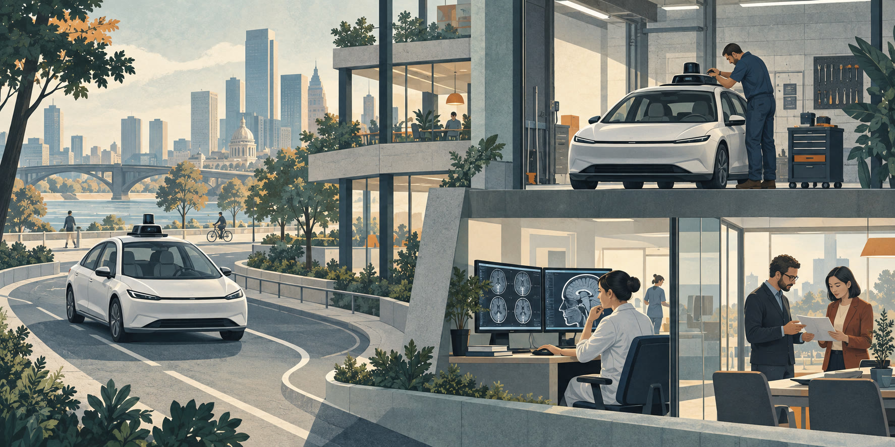 Illustration of a driverless car, a technician maintaining an autonomous vehicle, a radiologist, and professionals discussing a document.