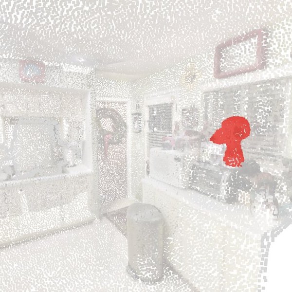 Point-cloud scene with SpaceFormer highlighting a queried Snoopy instance